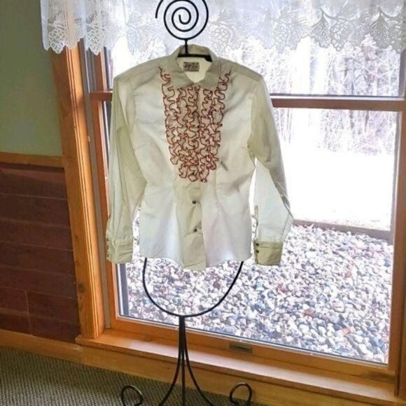 Lady DJ Vintage Soft Ivory with Ruffled Red Front Long Snap Sleeve Sz 32 Blouse - Picture 1 of 12